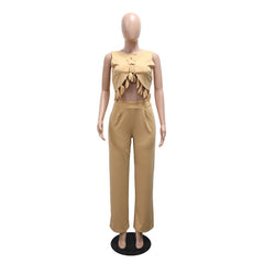 Round Neck Casual Sleeveless Sexy Top with Slim Long Pants Two-Piece Women's Set