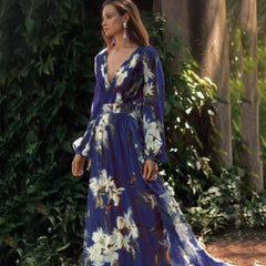 Winter New  Style V-Neck Long Sleeve Four-Way Stretch Printed Flared Dress