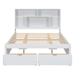 Queen Size Platform Bed with Storage Headboard and 2 Drawers, White
