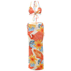 Three piece set of fashionable printed bikini with exposed navel tie