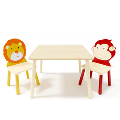 Kids Table and 2 Chairs Set 3 Pieces Toddler Table and Chair Set Wooden Activity Play Table Set (Lion&Monkey)