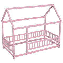 Twin Size Floor Wooden Bed with House Roof Frame, Fence Guardrails,Pink