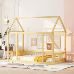 Twin Size Floor Wooden Bed with House Roof Frame and Safety Guardrails,Natural