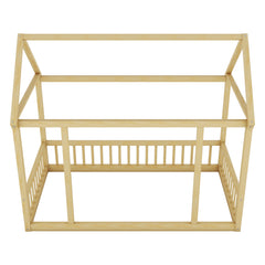 Twin Size Floor Wooden Bed with House Roof Frame and Safety Guardrails,Natural