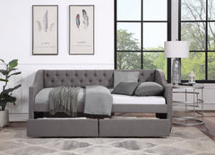 Upholstered Twin Size daybed with Two Drawers Wood Slat Support Gray