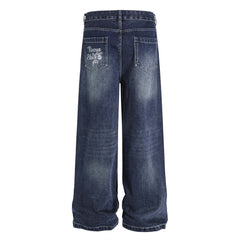 Street Design Floral Embroidered Denim Wide-Leg Long Pants Men's Vibe Trendy Washed Distressed Straight Leg Trousers