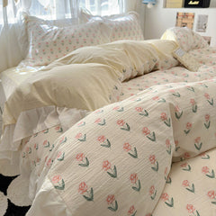 Skin friendly French romantic lace washed cotton printed bed bedding skirt four piece set of bed sheets bedsheet