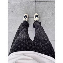 High Street Hip Hop Trousers, Trendy Brand Cool and Handsome Jacquard Full Print Jeans for Men, American Style Vibe Straight Leg Pants