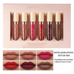 HANDAIYAN 6 Matte Rose Lip Gloss Liquid Lipstick Not Easy to Dip Cup Matte Lip Gloss Set Gift Box