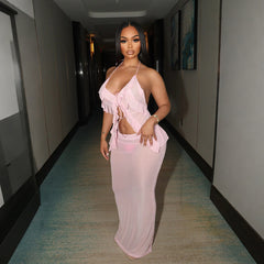 Sexy Transparent Set with Belted Sleeveless Cardigan and Fashionable Long Skirt Two-Piece Set for Women