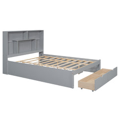Queen Size Platform Bed with Storage Headboard and 2 Drawers, Gray