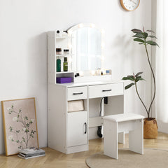 Vanity desk set including table with large lighted mirror 3 color lighting modes adjustable brightness white color