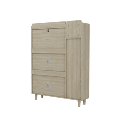 Natural Bohemian style shoe cabinet with 3 rattan flip drawers, 3 square shelves, and 1 storage drawer,  Natural