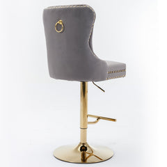 Thick gold rotating velvet bar stool with adjustable seat height of 25-33 inches and backrest (gray, set of 2 pieces)
