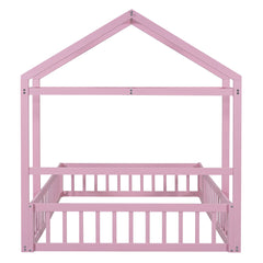 Wooden Full Size Children's Bed with Detachable Headboard and Integrated Clothes Drying Rack, Pink