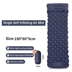 Outdoor double inflatable sleeping pad – with built-in pillow & pump, for camping, backpacking, hiking.