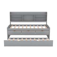 Twin Size Wooden Captain Bed with Built-in Bookshelves,Three Storage Drawers and Trundle Light Grey