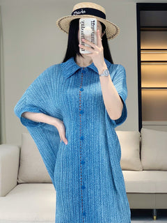 Casual loose dress women's summer solid color trend lapel button short sleeved pleated mid length skirt