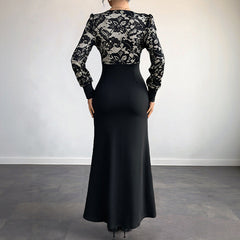 Sexy Retro Lace Splicing Long Sleeve V-neck Dress for Evening and Date