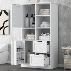 Bathroom storage cabinet with doors and drawers, multiple storage spaces, independent, open adjustable shelves, white
