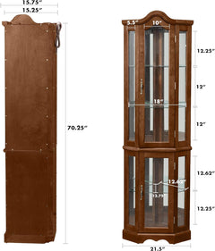 Corner Curio cabinet, adjustable tempered glass frame, rearview mirror, display cabinet, walnut wood (excluding E26 bulbs)