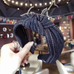 New Fashion Denim Hairband Wide Side Headband Center Knot Headwear Soft Turban Hair Accessories