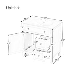 30" Bathroom Vanity with Sink Top, Bathroom Vanity Cabinet with Door and Two Drawers, Solid Wood Frame, One Package, White