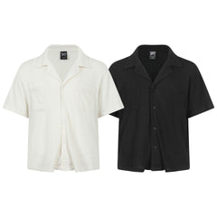 Texture sensation lapel short sleeved shirt for men simple solid color Cuban collar shirt