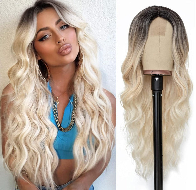 Chemical Fiber Wig Hair, European and American Wigs, Women's Long Curly Hair, Gradually Changing Color, Front Lace Wig Headband