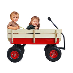 Outdoor Wagon All Terrain Pulling w/Wood Railing Air Tires Children Kid Garden（Red）
