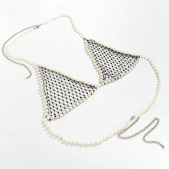 Women's sexy and simple imitation pearl woven chest chain set, new creative fishing net waist chain