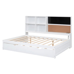 Full Size Daybed with Storage Shelves, Blackboard, Cork board, USB Ports and Twin Size Trundle  White