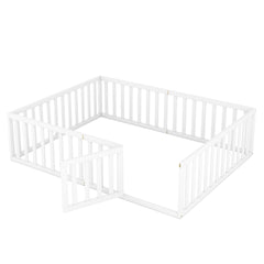 Queen Size Wood Floor Bed Frame with Fence and Door White(OLD SKU:WF289663AAK)