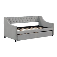 Twin Size Upholstered Daybed with Trundle Sturdy Wood Bedframe w/ Bedframe Tufted Button & Copper Nail on Arms Design