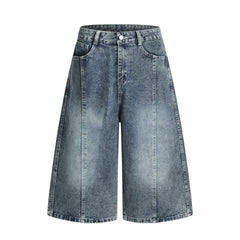 Punk Washed Distressed Denim Shorts Men's Summer Plaid Belted Contrast Pocket Loose Wide-Leg Three-Quarter Pants