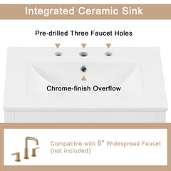24" Bathroom Vanity with Sink, Bathroom Vanity Cabinet with One Flip Drawer and Doors, Solid Wood and MDF, White