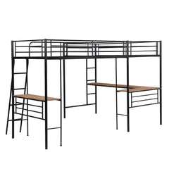 Twin Size Metal Loft Bed with Two Built-in Desks Black