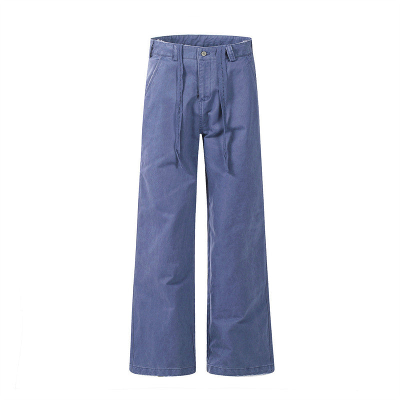Vintage Drawstring Design Work Pants Men's High Street Retro Loose Fit Casual Solid Color Wide Leg Tapered Long Pants
