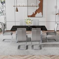 Modern minimalist dining table The black imitation marble glass desktop is equipped with silver metal legs