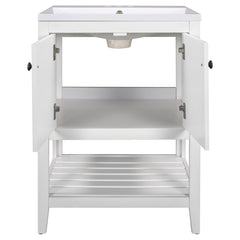 24" White Modern Sleek Bathroom Vanity Elegant Ceramic Sink with Solid Wood Frame Open Style Shelf