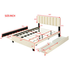 Queen Size Upholstered Platform Bed with 2 Drawers and 1 Trundle, Classic Metal Strip Headboard Design, Beige
