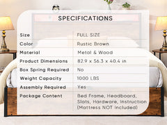 Elevating storage bed frame, full-size bed frame with bookshelf headboard and LED lights, with country brown color