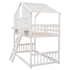 Twin over Twin House Bunk Bed with Roof , Window, Window Box, Door , with Safety Guardrails and Ladder,White