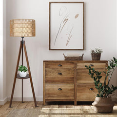 Boho Tripod Floor Lamp with Shelves, Mid Century Wood Standing Lamp with Rattan & Fabric Shades, ON/Off Foot Switch Office