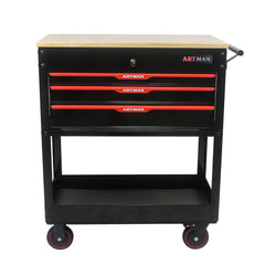 3 DRAWERS MULTIFUNCTIONAL TOOL CART WITH WHEELS AND WOODEN TOP