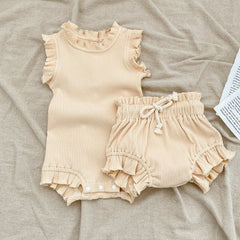 Baby Pit Thread Crawling Clothes Spring/Summer Wooden Ear Edge Girls' Harper+Drawstring Big PP Pants Set