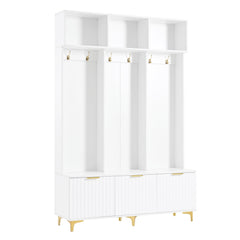 Large storage hall tree with bench, multifunctional storage platform, luxury clothes hanger equipped with 6 gold hooks