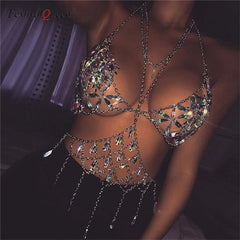 Queen Bling Metal Tassel Details Tank Tops Festival Rave Clothing Summer Sexy Backless Rave Body Chain Beach Tops