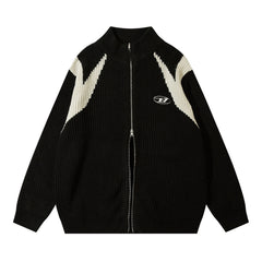 Color Block Zipper Cardigan Sweater Men's Autumn Street Style Stand Collar Long Sleeve Loose Knitwear