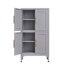 Grey metal kitchen storage cabinet, kitchen pantry storage cabinet with door and shelf, adjustable leveling feet